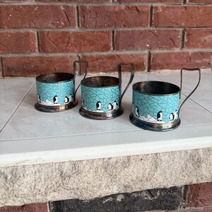 Vintage Penguin Brass Cup Holders Set of 3 Enamel Blue Tea Coffee